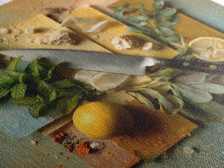 Chef Knife Herbs and Cutting Board Still Framed Canvas Print, Restaurant Art, Boho Decor, Restaurant Decor, Oil Painting, RES-1x1-37