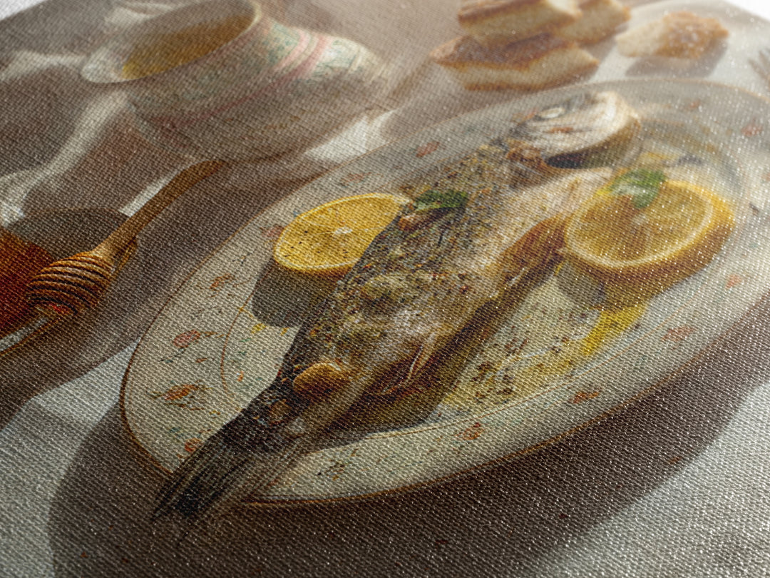 Fresh Fish with Lemon and Herbs Framed Canvas Print, Restaurant Art, Kitchen Art, Restaurant Decor, Fine Art, Bistro, RES-1x1-47