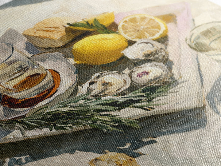 Oyster Platter with Lemons and Champagne Framed Canvas Print, Restaurant Art, Food Art, Restaurant Decor, Oil Painting, Bistro, RES-1x1-51