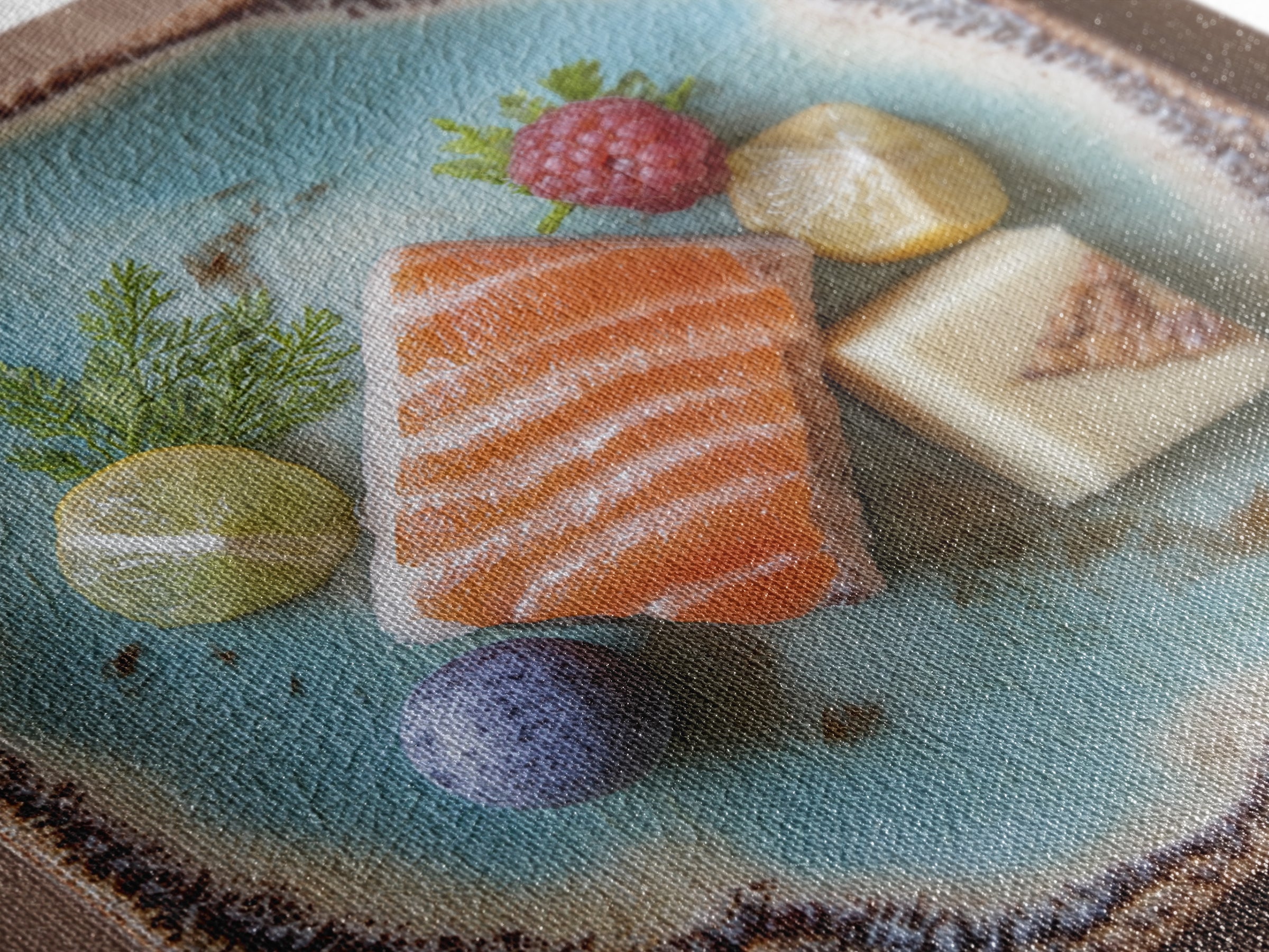 Sushi Fish and Ceramic Plate Composition Framed Canvas Print, Restaurant Art, Textured Painting, Restaurant Decor, Bistro, RES-1x1-53
