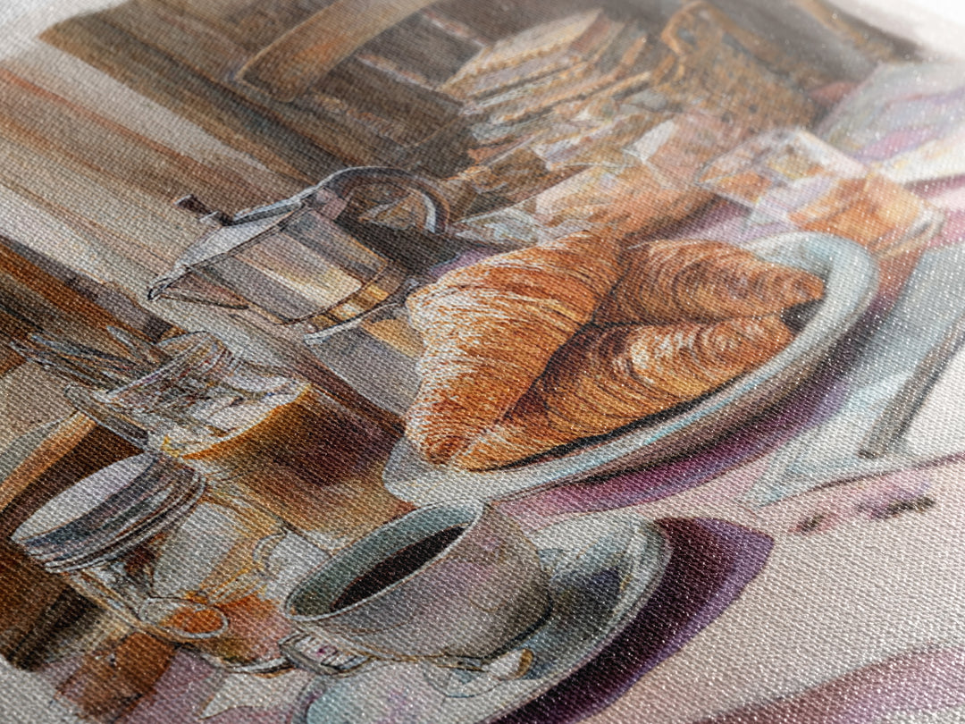 French Bistro Coffee and Croissant Still Life Canvas Print, Restaurant Art, Food Art, Restaurant Decor, Oil Painting, Bistro, RES-1x1-54