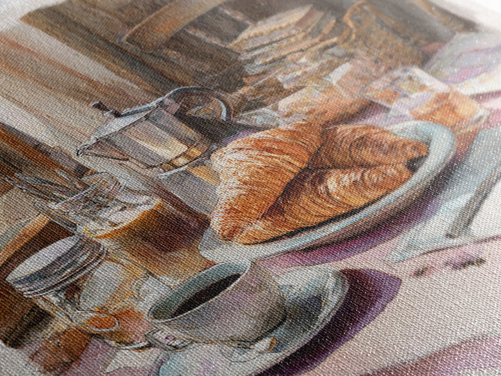 French Bistro Coffee and Croissant Still Life Canvas Print, Restaurant Art, Food Art, Restaurant Decor, Oil Painting, Bistro, RES-1x1-54
