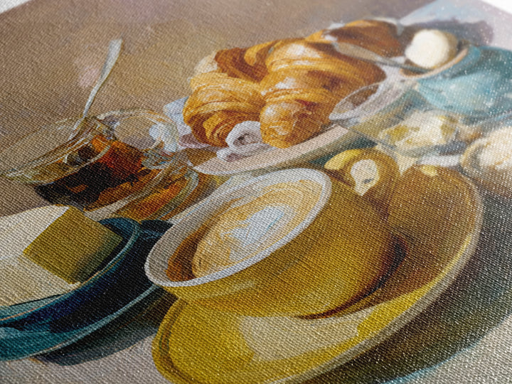 French Bistro Coffee and Croissant Still Life Canvas Print, Restaurant Art, Bedroom Wall Art, Restaurant Decor, Bistro, RES-1x1-6