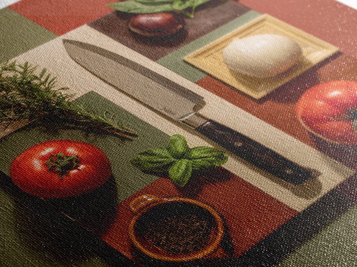 Chef Knife Herbs and Cutting Board Still Framed Canvas Print, Restaurant Art, Boho Decor, Restaurant Decor, Oil Painting, RES-1x1-61