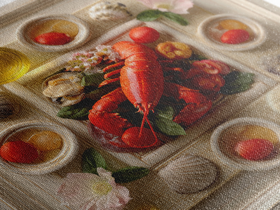 Seafood Lobster and Shell Arrangement Framed Canvas Print, Restaurant Art, Fine Art Print, Restaurant Decor, Fine Art, Bistro, RES-1x1-80