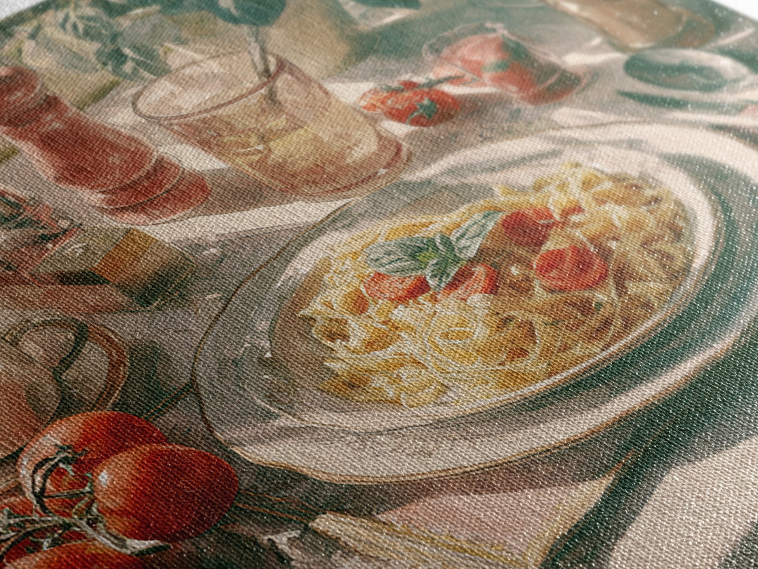 Fresh Pasta with Tomatoes and Basil Canvas Print, Restaurant Art, Textured Painting, Restaurant Decor, Fine Art, Bistro, RES-1x1-98