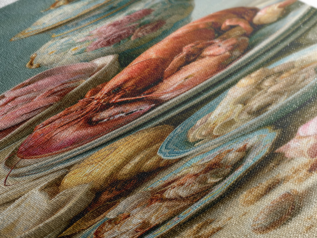 Seafood Lobster and Shell Arrangement Canvas Print, Restaurant Art, Large Wall Art, Restaurant Decor, Fine Art, Bistro, RES-1x3-44