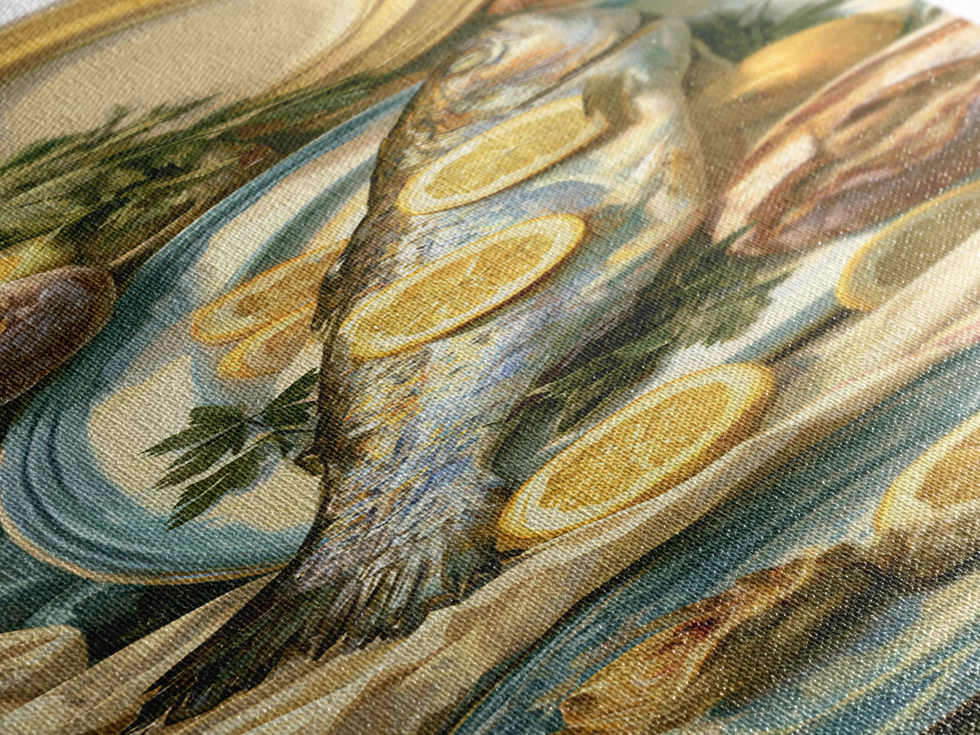Fresh Fish with Lemon and Herbs Canvas Print, Restaurant Art, Canvas Print, Restaurant Decor, Bistro, Statement Artwork, RES-1x3-59