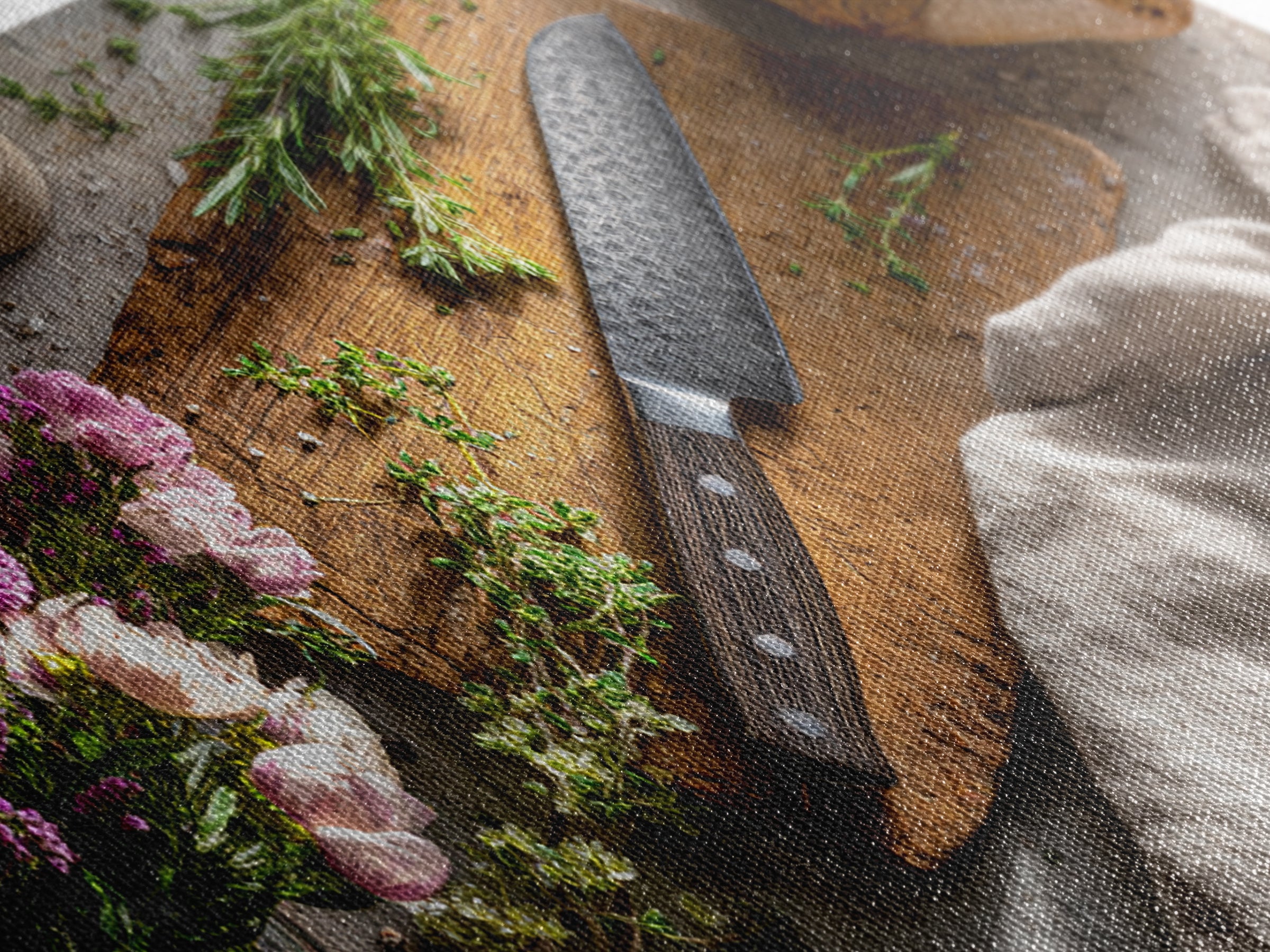Chef Knife Herbs and Cutting Board Still Canvas Print, Restaurant Art, Canvas Wall Art, Restaurant Decor, Fine Art, Bistro, RES-2x1-57