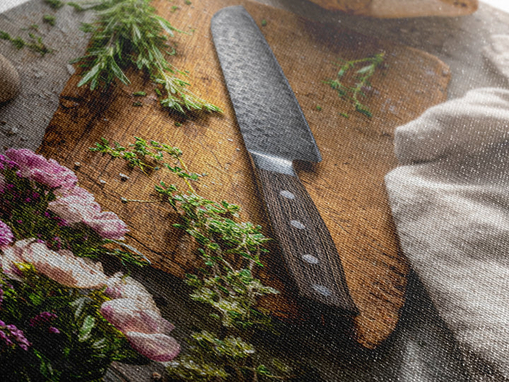 Chef Knife Herbs and Cutting Board Still Canvas Print, Restaurant Art, Canvas Wall Art, Restaurant Decor, Fine Art, Bistro, RES-2x1-57
