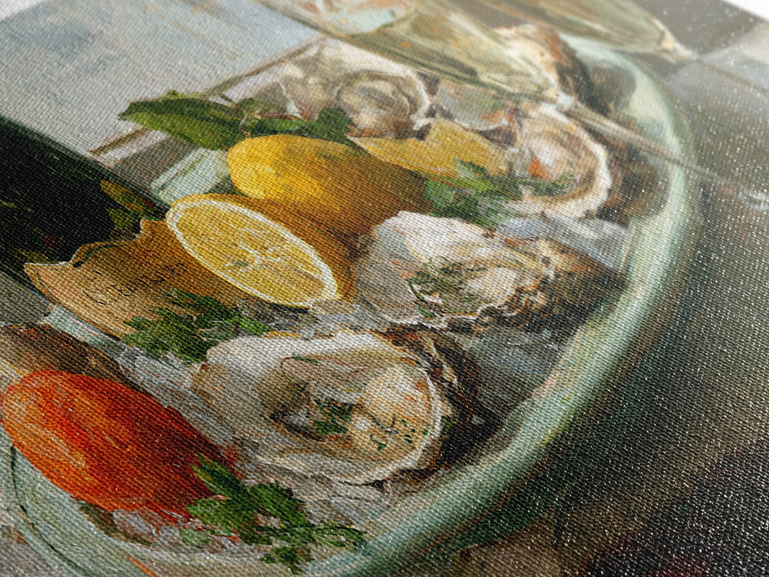 Oyster Platter with Lemons and Champagne Canvas Print, Restaurant Art, Watercolor Art, Restaurant Decor, Abstract Art, Bistro, RES-2x1-71
