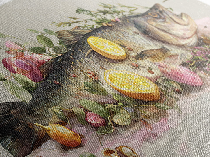 Fresh Fish with Lemon and Herbs Framed Canvas Print, Restaurant Art, Kitchen Decor, Restaurant Decor, Fine Art, Bistro, RES-2x1-91
