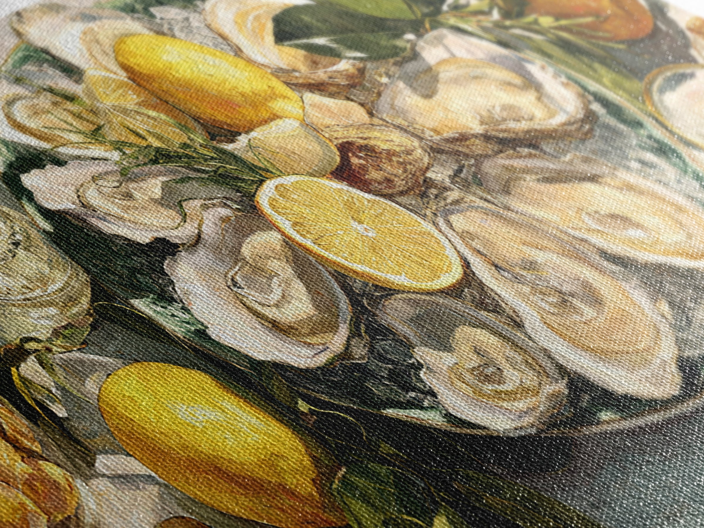 Oyster Platter with Lemons and Champagne Framed Canvas Print, Restaurant Art, Neutral Decor, Restaurant Decor, Fine Art, Bistro, RES-2x1-95