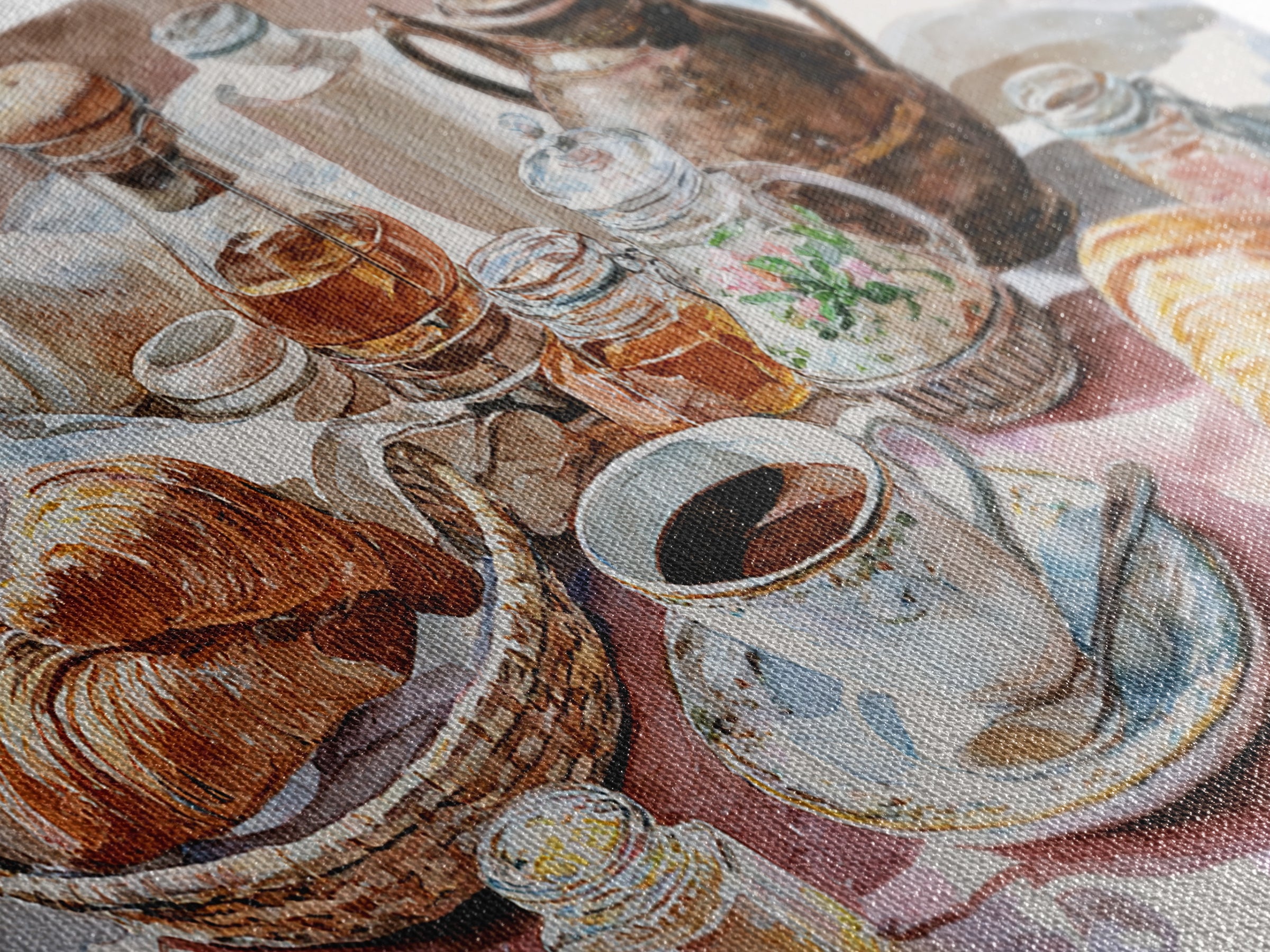 French Bistro Coffee and Croissant Still Life Canvas Print, Restaurant Art, Framed Wall Art, Restaurant Decor, Watercolor Art, RES-2x1-98