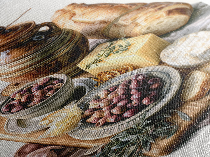 Mediterranean Olives Bread and Cheese Board Canvas Print, Restaurant Art, Kitchen Wall Art, Restaurant Decor, Bistro, RES-2x3-17