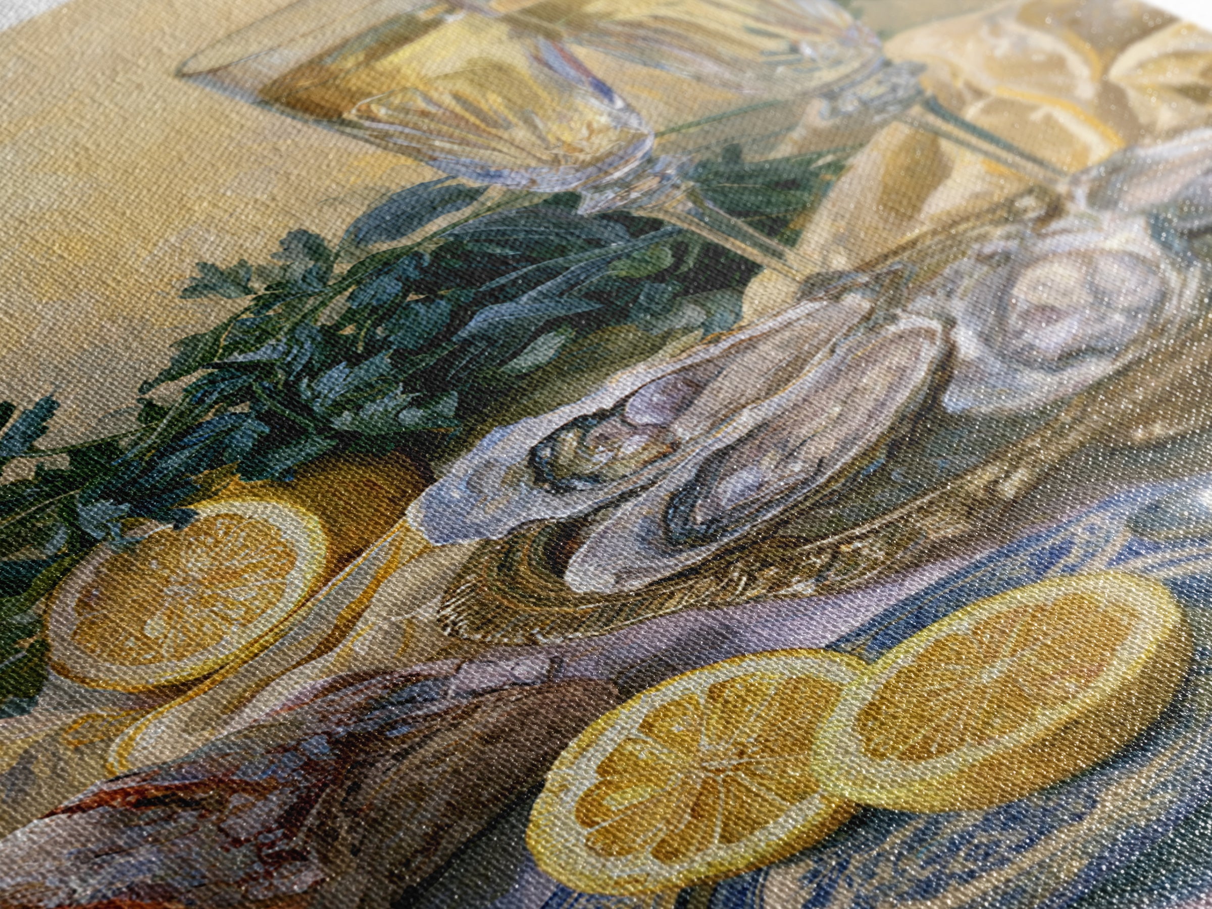Oyster Platter with Lemons and Champagne Canvas Print, Restaurant Art, Framed Wall Art, Restaurant Decor, Watercolor Art, RES-2x3-35