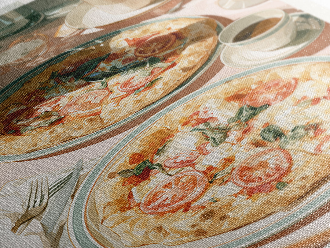Pizzeria Tomato Basil and Mozzarella Still Life Canvas Print, Restaurant Art, Restaurant Decor, Bistro, Watercolor Painting, RES-2x3-42