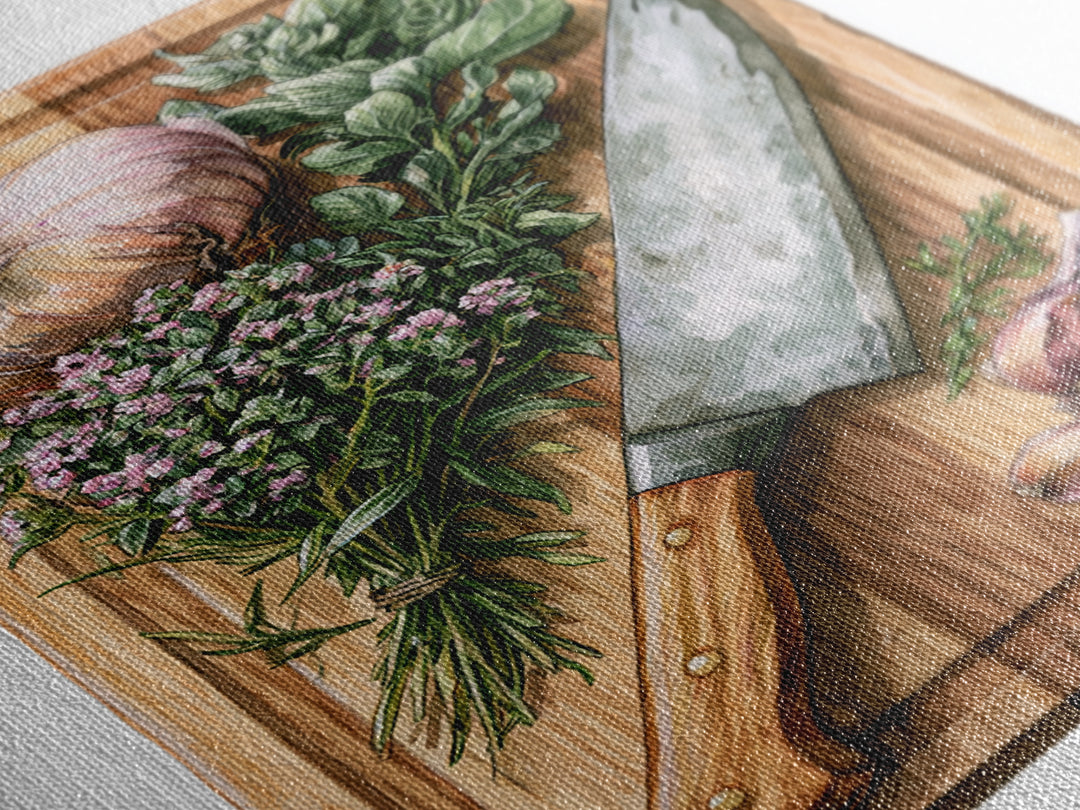 Chef Knife Herbs and Cutting Board Still Canvas Print, Restaurant Art, Digital Print, Restaurant Decor, Fine Art, Bistro, RES-2x3-45