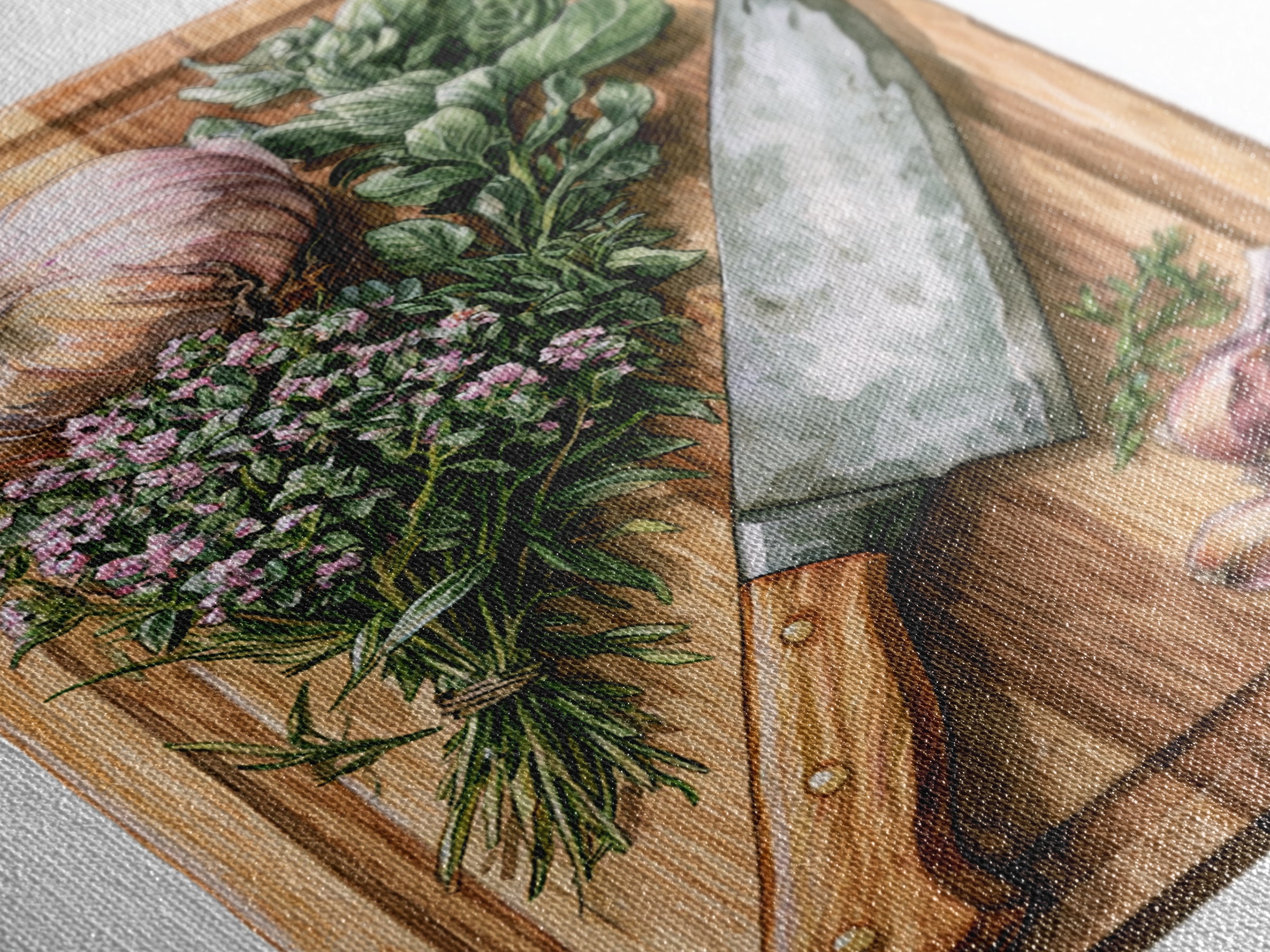 Chef Knife Herbs and Cutting Board Still Canvas Print, Restaurant Art, Digital Print, Restaurant Decor, Fine Art, Bistro, RES-2x3-45