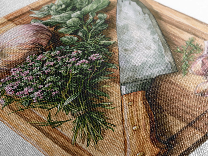 Chef Knife Herbs and Cutting Board Still Canvas Print, Restaurant Art, Digital Print, Restaurant Decor, Fine Art, Bistro, RES-2x3-45