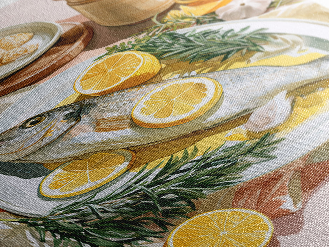 Fresh Fish with Lemon and Herbs Canvas Print, Restaurant Art, Fine Art Print, Restaurant Decor, Fine Art, Bistro, Wall Decor, RES-2x3-7