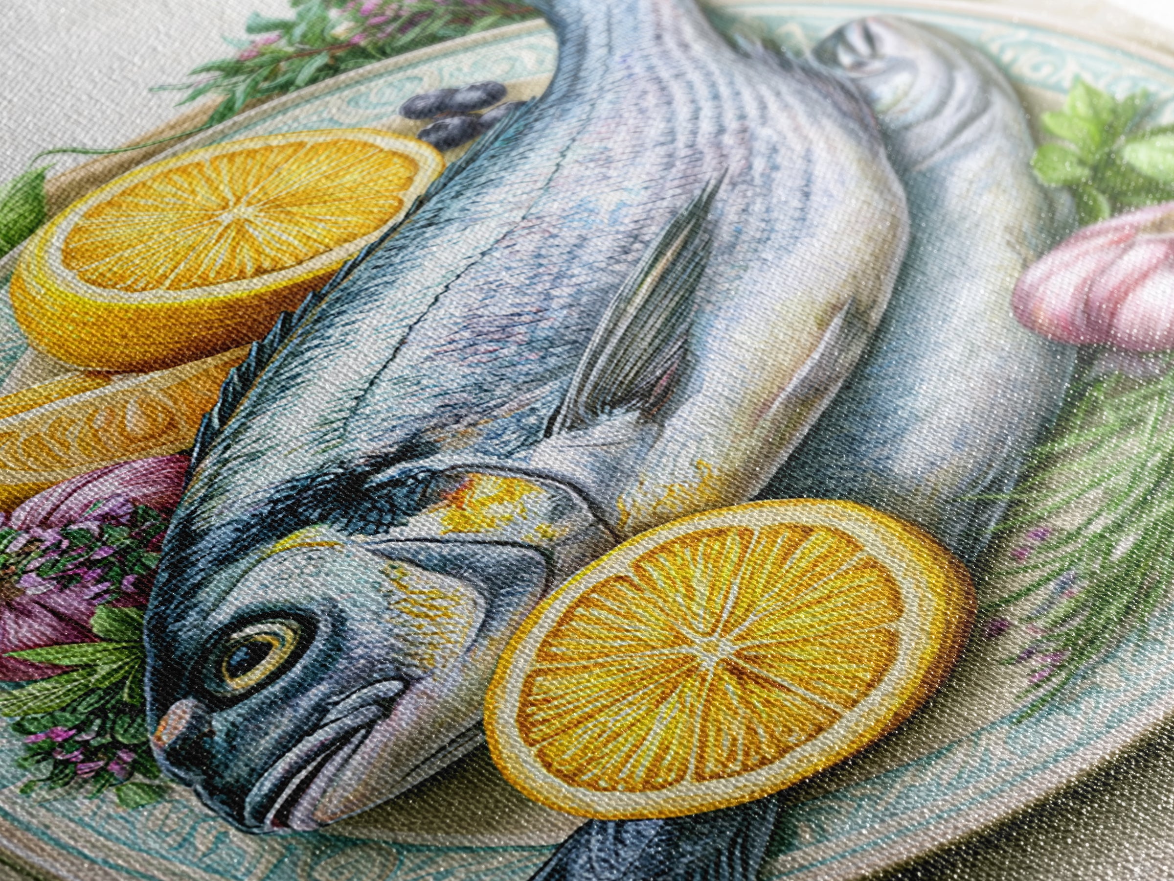 Fresh Fish with Lemon and Herbs Canvas Print, Restaurant Art, Printable Art, Restaurant Decor, Fine Art, Bistro, Watercolor Art, RES-2x3-79