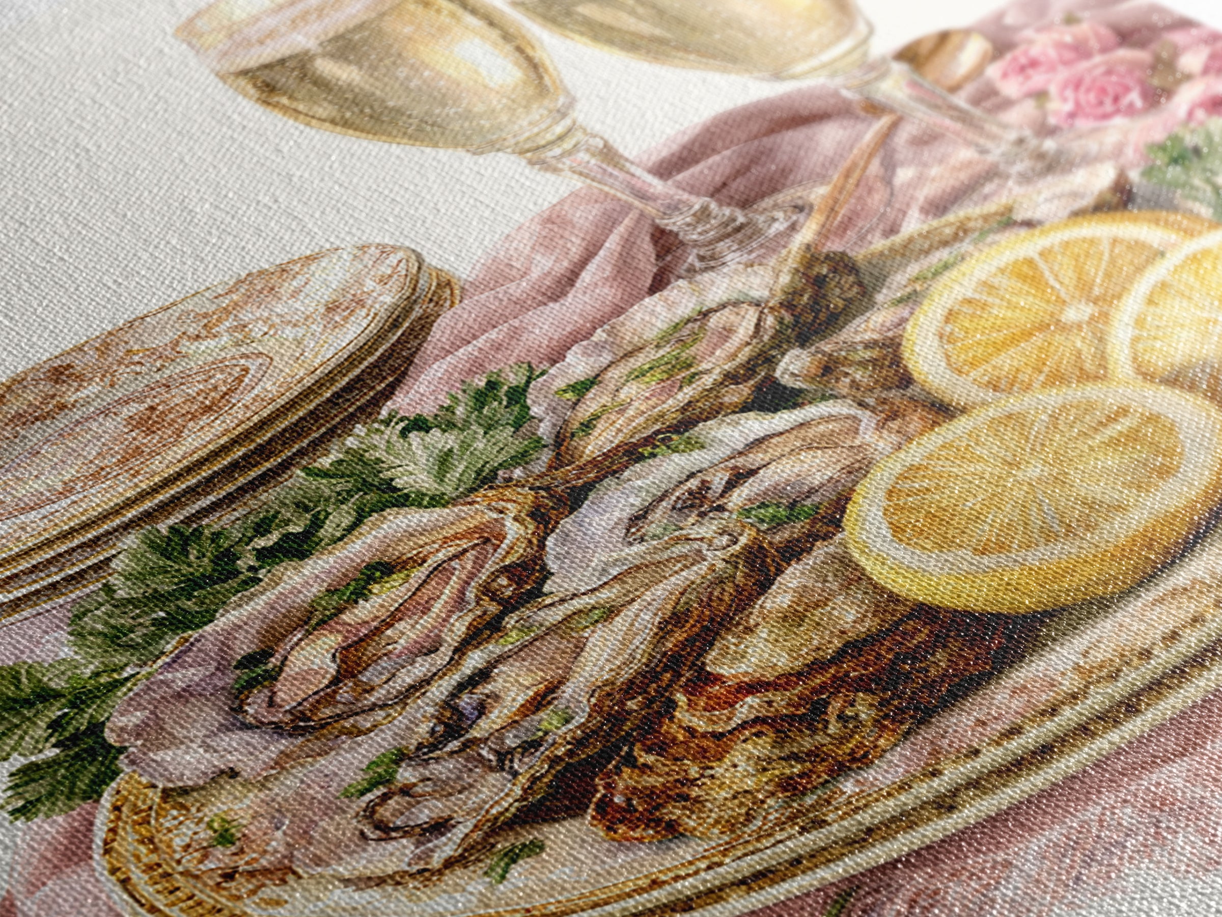 Oyster Platter with Lemons and Champagne Framed Canvas Print, Restaurant Art, Watercolor Art, Restaurant Decor, Abstract Art, RES-2x3-83