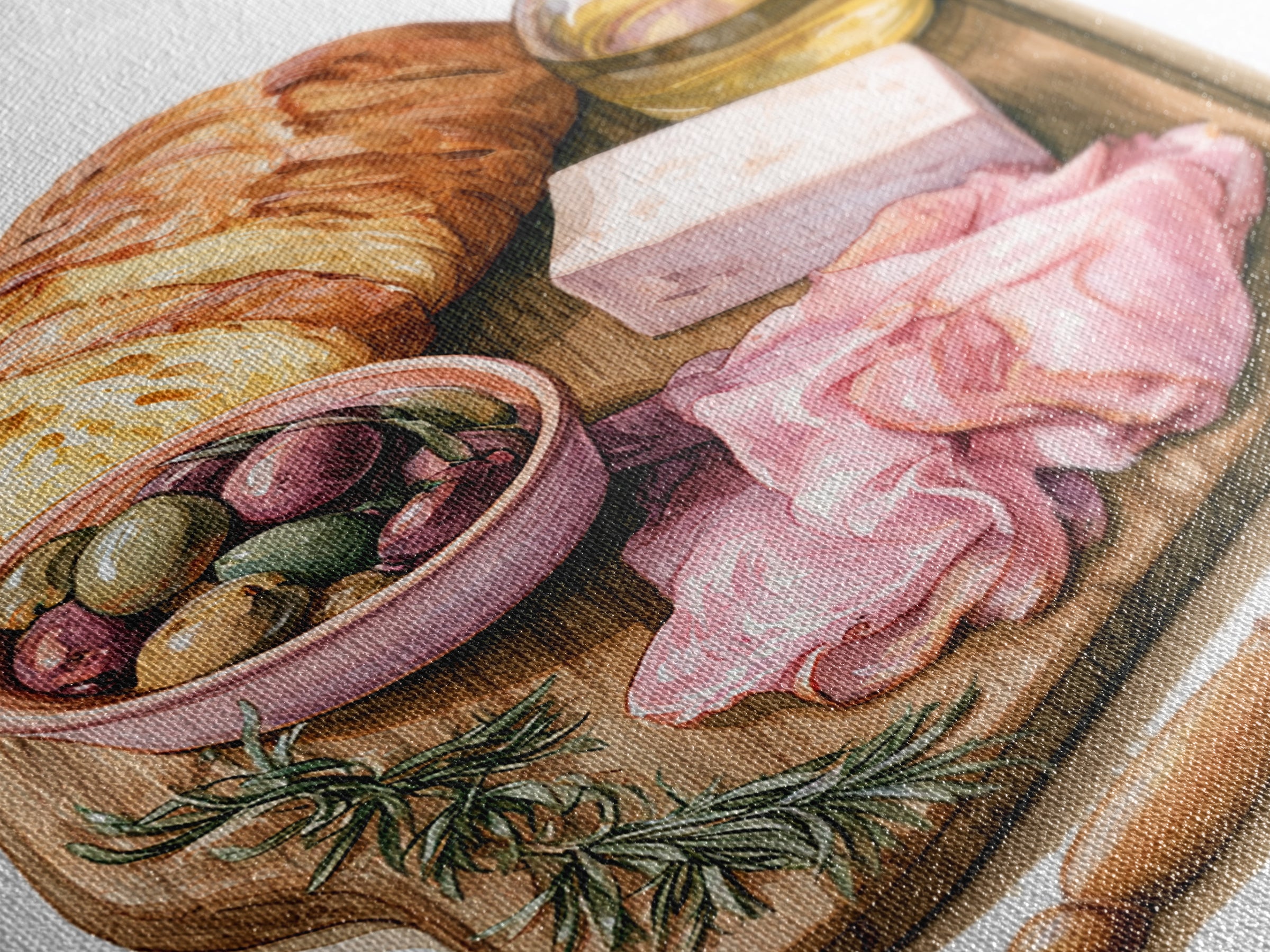 Mediterranean Olives Bread and Cheese Board Canvas Print, Restaurant Art, Bedroom Wall Art, Restaurant Decor, Bistro, RES-2x3-89