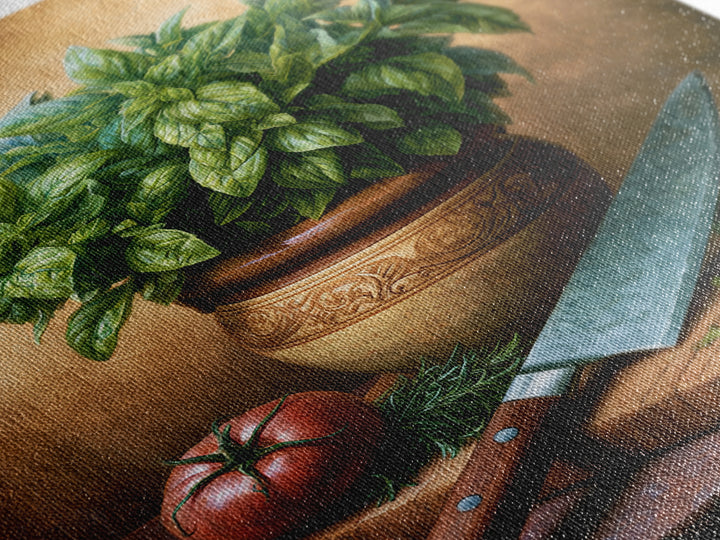 Chef Knife Herbs and Cutting Board Still Framed Canvas Print, Restaurant Art, Living Room Decor, Restaurant Decor, Bistro, RES-2x3-93