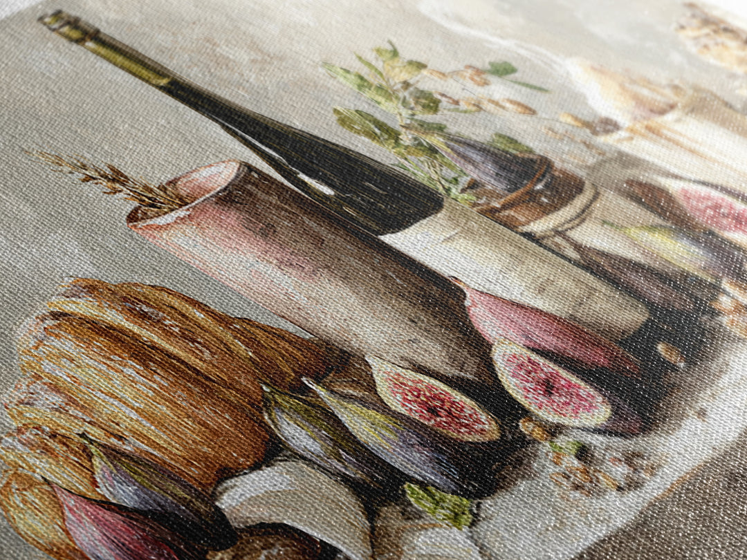 Wine Bottle and Figs Framed Canvas Print, Restaurant Art, Boho Decor, Restaurant Decor, Oil Painting, Bistro, RES-3x1-89