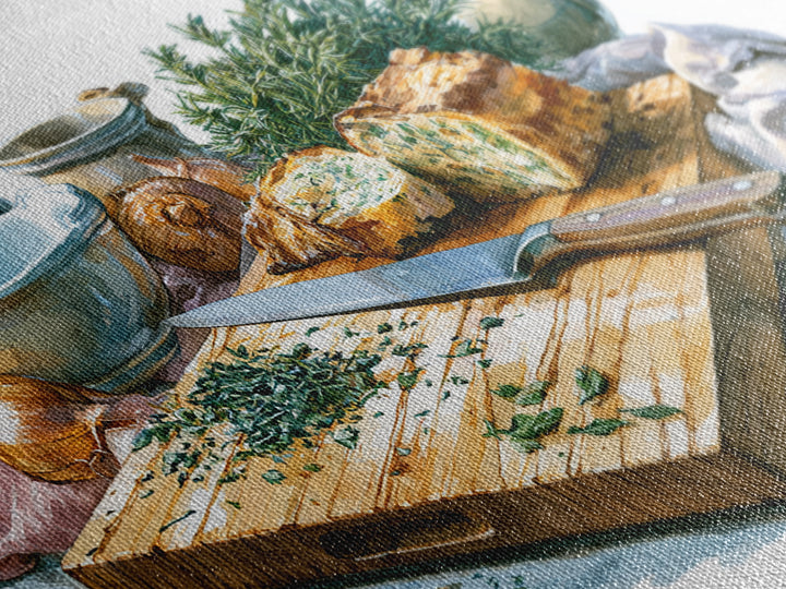 Chef Knife Herbs and Cutting Board Still Canvas Print, Restaurant Art, Kitchen Wall Decor, Restaurant Decor, Fine Art, Bistro, RES-3x2-17