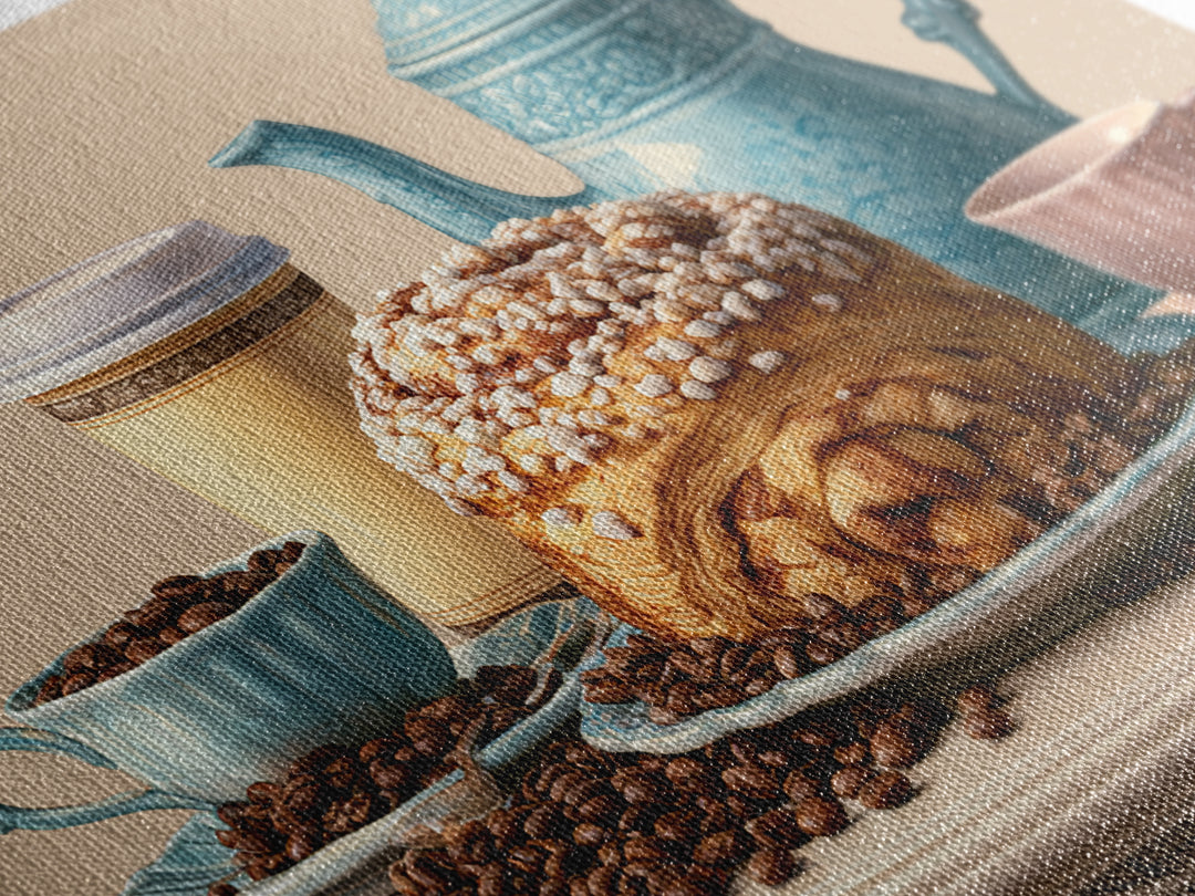 Coffee Beans and Pastry Arrangement Framed Canvas Print, Restaurant Art, Watercolor Painting, Restaurant Decor, Oil Painting, RES-3x2-50