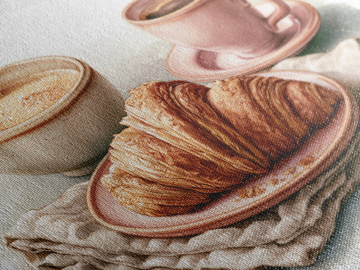 French Bistro Coffee and Croissant Still Life Canvas Print, Restaurant Art, Bedroom Wall Art, Restaurant Decor, Watercolor Art, RES-3x2-58