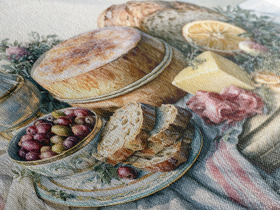 Mediterranean Olives Bread and Cheese Board Canvas Print, Restaurant Art, Food Art, Restaurant Decor, Oil Painting, Bistro, RES-3x2-61
