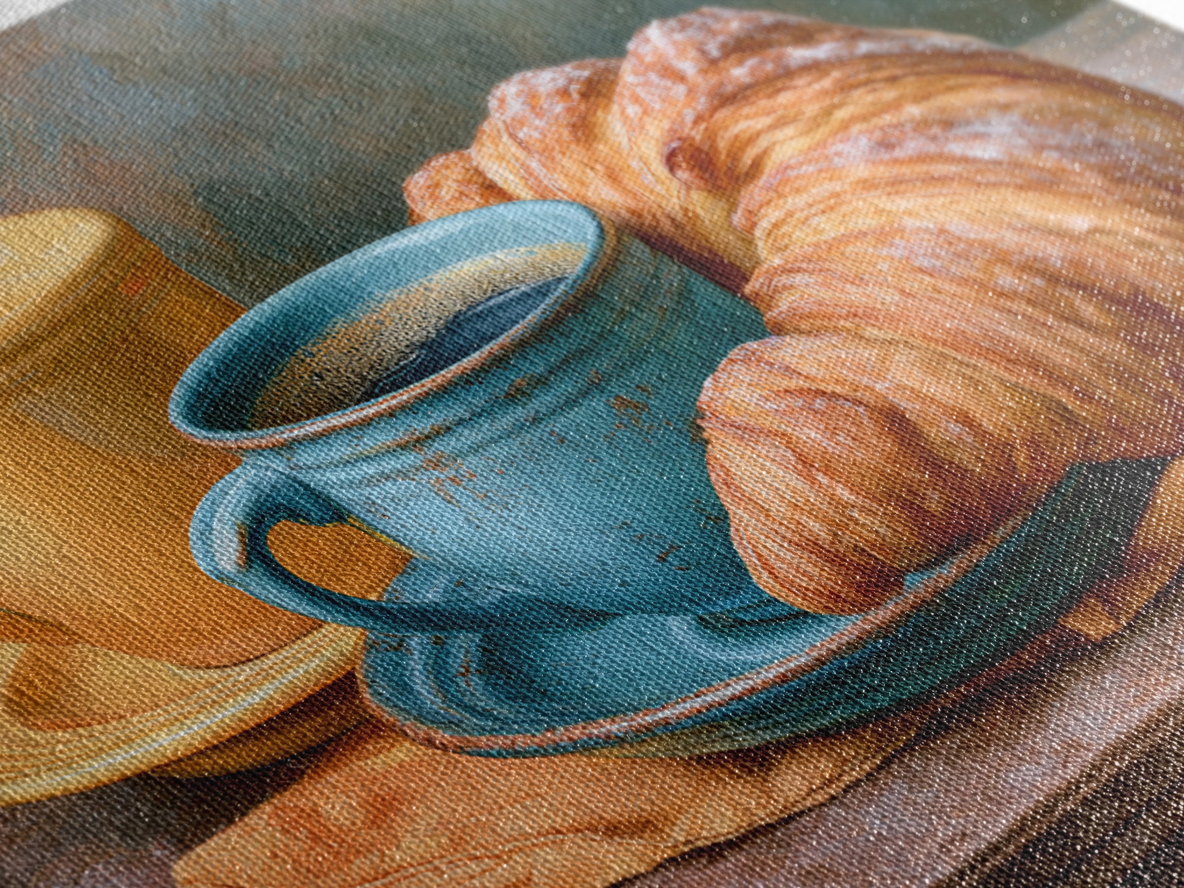 French Bistro Coffee and Croissant Still Life Framed Canvas Print, Restaurant Art, Food Art, Restaurant Decor, Oil Painting, RES-3x2-82