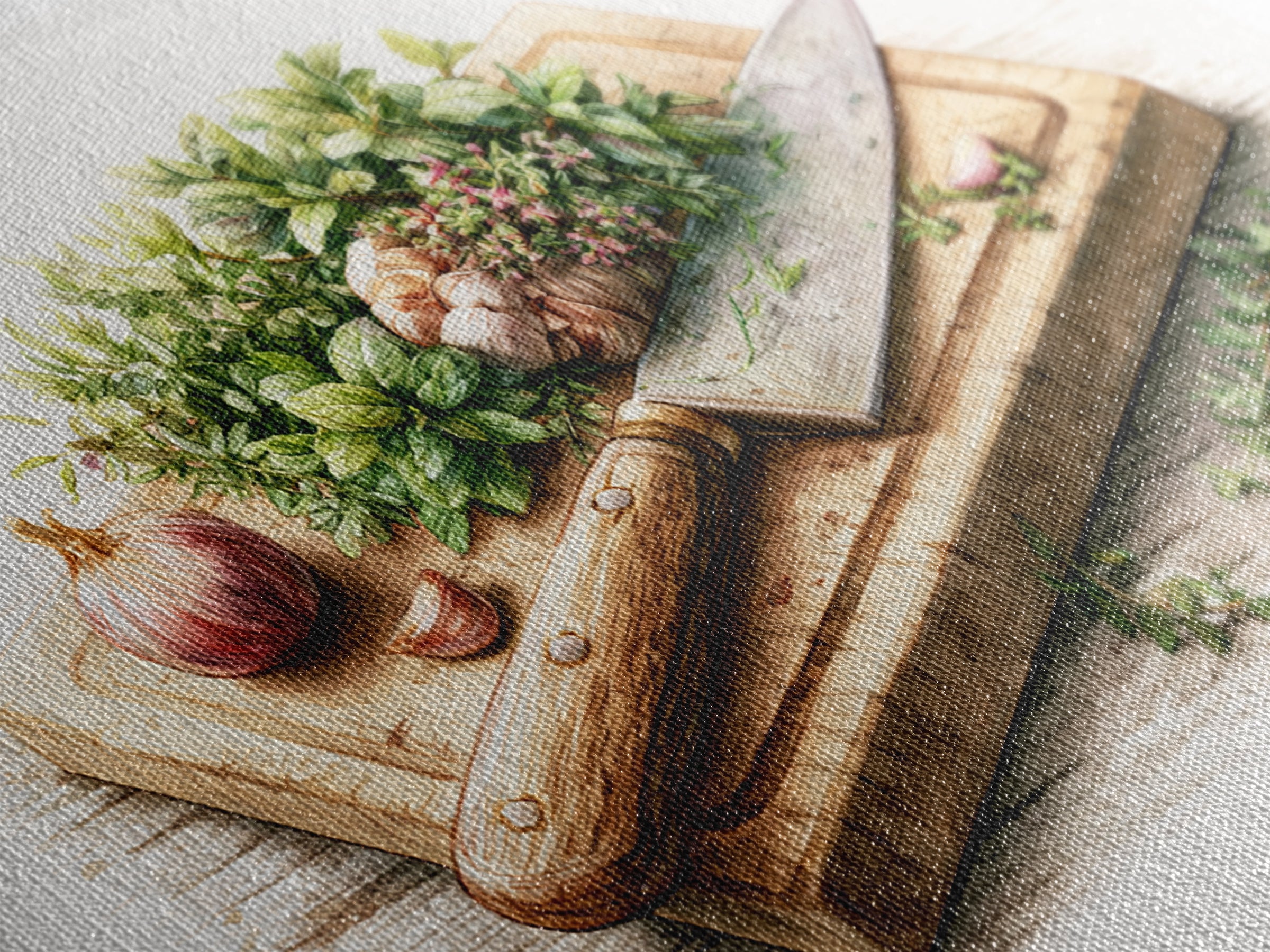 Chef Knife Herbs and Cutting Board Still Canvas Print, Restaurant Art, Boho Decor, Restaurant Decor, Oil Painting, Bistro, RES-3x2-89
