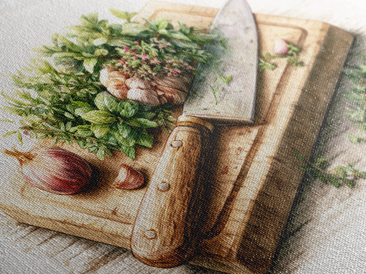 Chef Knife Herbs and Cutting Board Still Canvas Print, Restaurant Art, Boho Decor, Restaurant Decor, Oil Painting, Bistro, RES-3x2-89