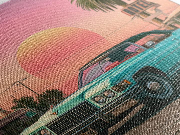 Classic Convertible at Pink Sunset Canvas Print, Retro Art, Whimsical Decor, Living Room Decor, Fine Art, Retro, Modern Decor, RET-1x1-10