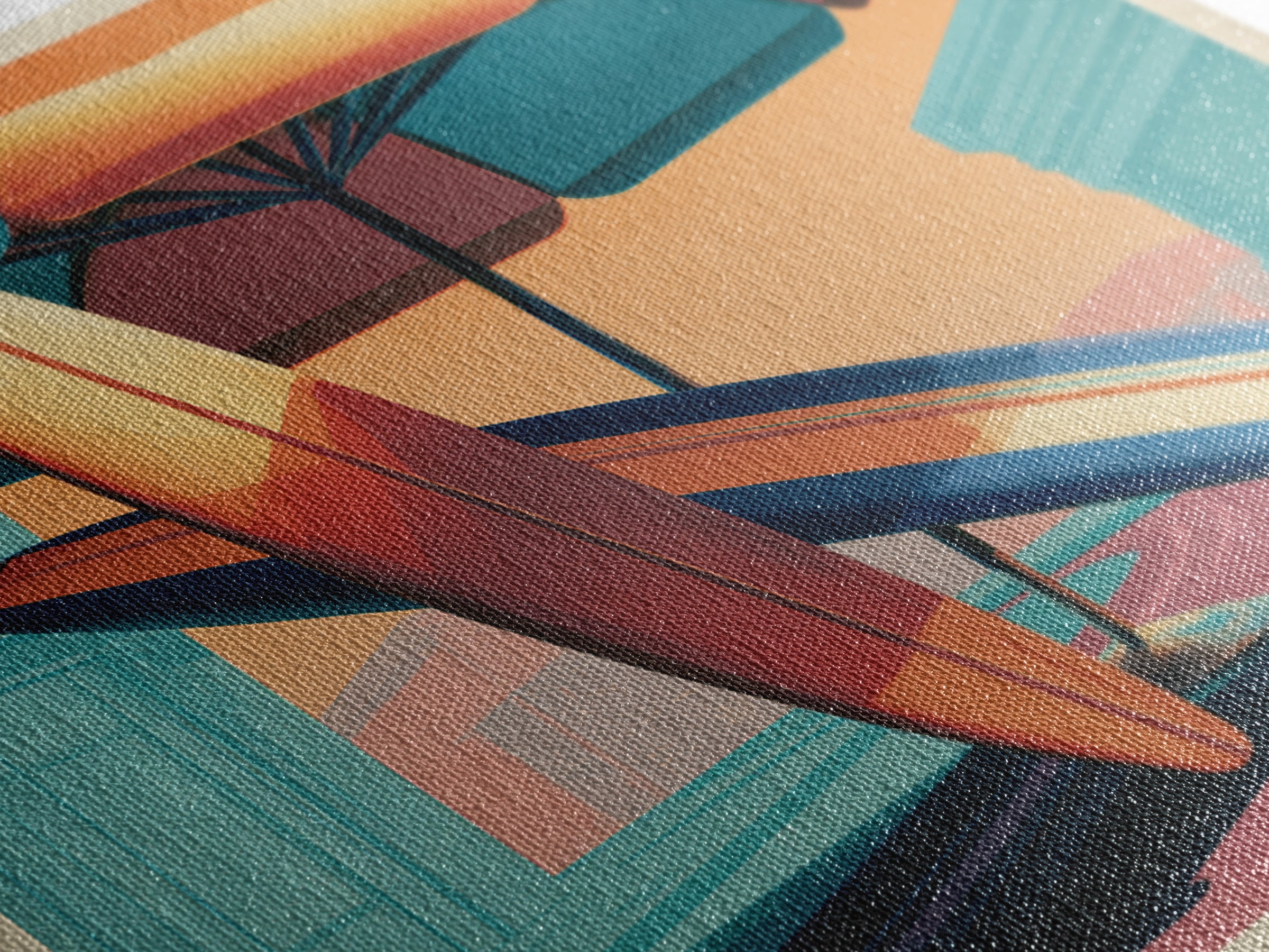 Retro Beach Umbrella and Surfboard Canvas Print, Retro Art, Printable Art, Living Room Decor, Fine Art, Retro, Funky Wall Art, RET-1x1-18