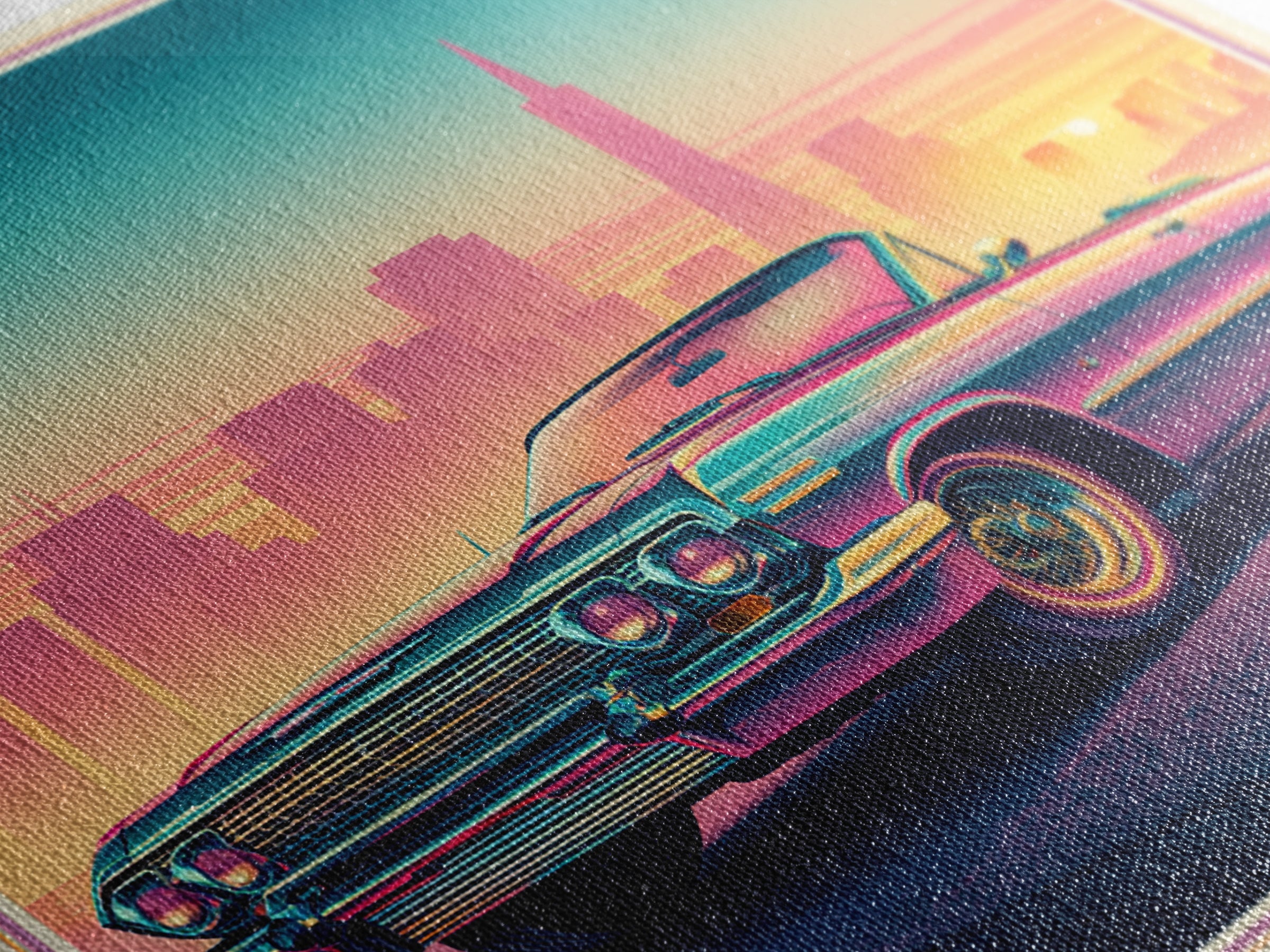 Classic Convertible at Pink Sunset Framed Canvas Print, Retro Art, Bedroom Wall Art, Living Room Decor, Watercolor Art, Retro, RET-1x1-34