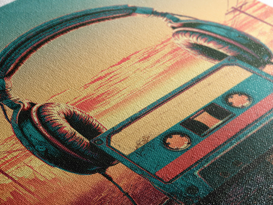 Cassette Tape and Headphones Graphic Canvas Print, Retro Art, Retro Wall Art, Living Room Decor, Oil Painting, Retro, RET-1x1-54