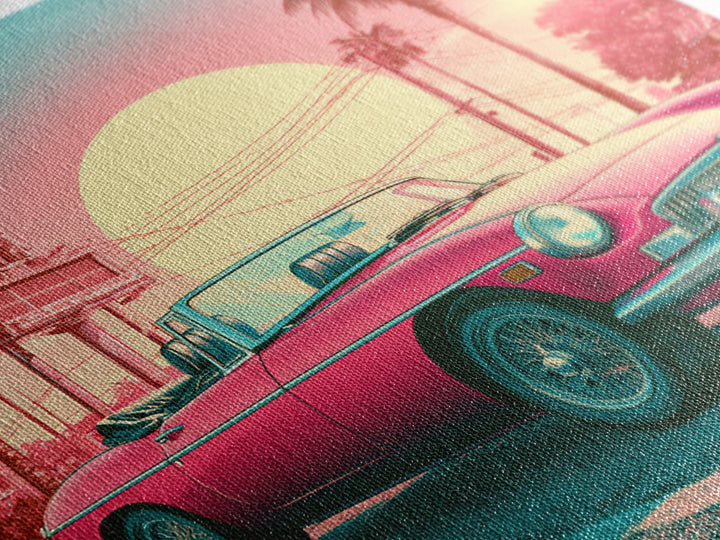 Classic Convertible at Pink Sunset Framed Canvas Print, Retro Art, Bedroom Wall Art, Living Room Decor, Watercolor Art, Retro, RET-1x1-58
