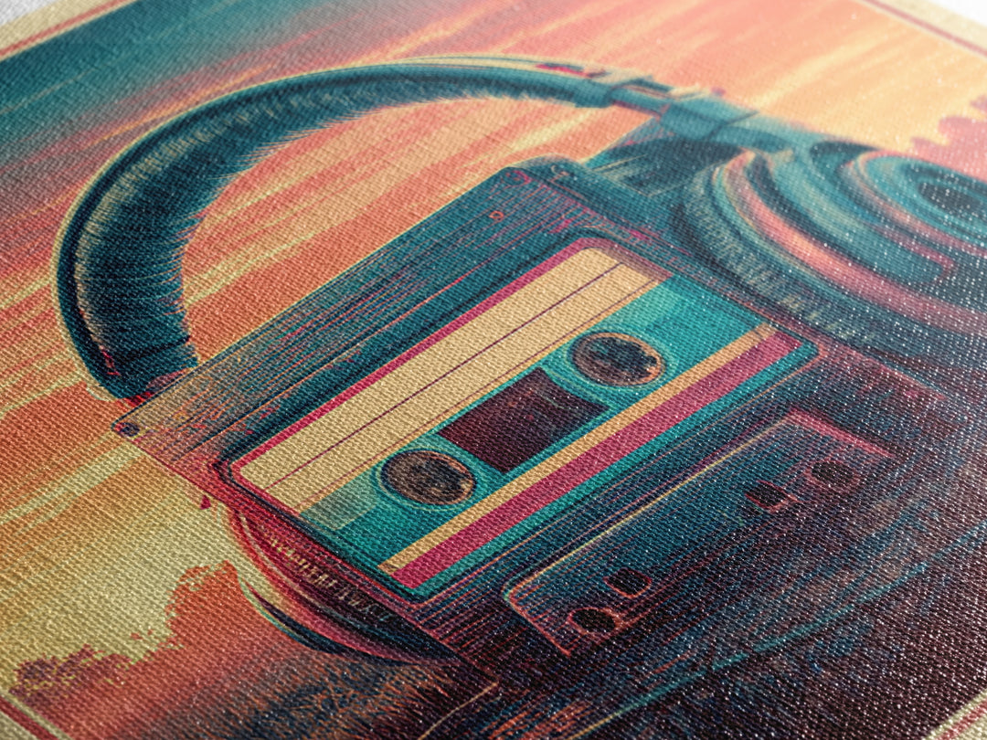 Cassette Tape and Headphones Graphic Framed Canvas Print, Retro Art, Gallery Decor, Living Room Decor, Fine Art, Retro, RET-1x1-78