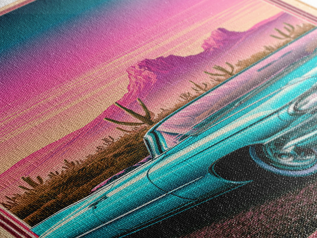 Classic Convertible at Pink Sunset Framed Canvas Print, Retro Art, Cat Art, Living Room Decor, Fine Art, Retro, RET-1x3-70