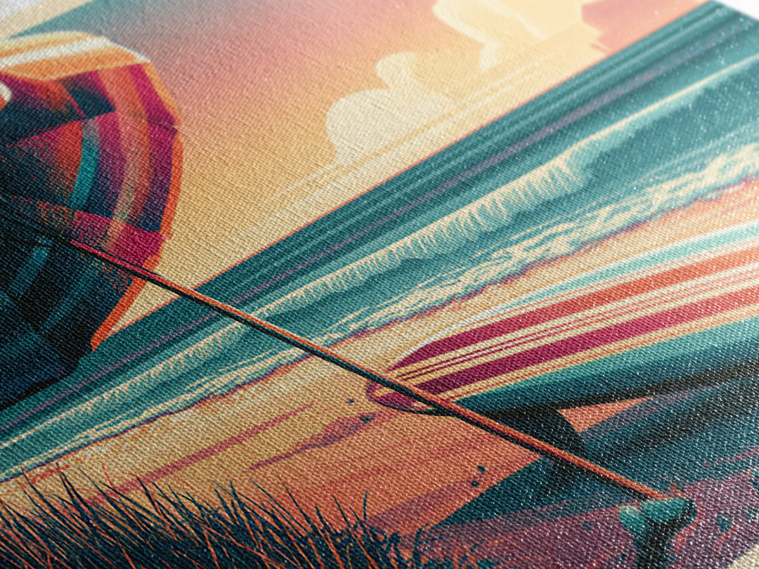 Retro Beach Umbrella and Surfboard Canvas Print, Retro Art, Room Decor, Living Room Decor, Oil Painting, Retro, Wall Art Prints, RET-2x1-62