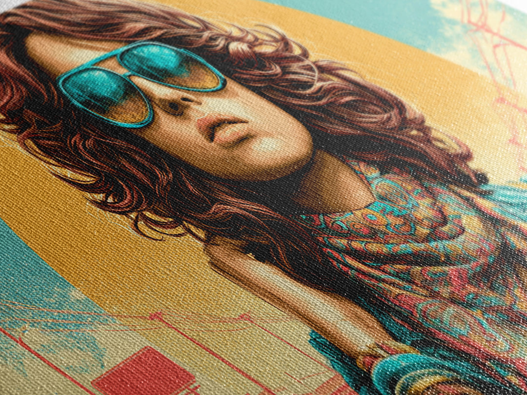 Mod Woman in Sunglasses and Scarf Canvas Print, Retro Art, Apartment Decor, Living Room Decor, Fine Art, Retro, Cat Art, RET-2x1-76