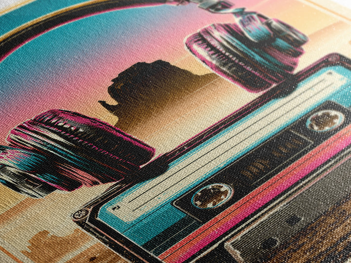 Cassette Tape and Headphones Graphic Canvas Print, Retro Art, Art Print, Living Room Decor, Oil Painting, Retro, RET-2x3-14