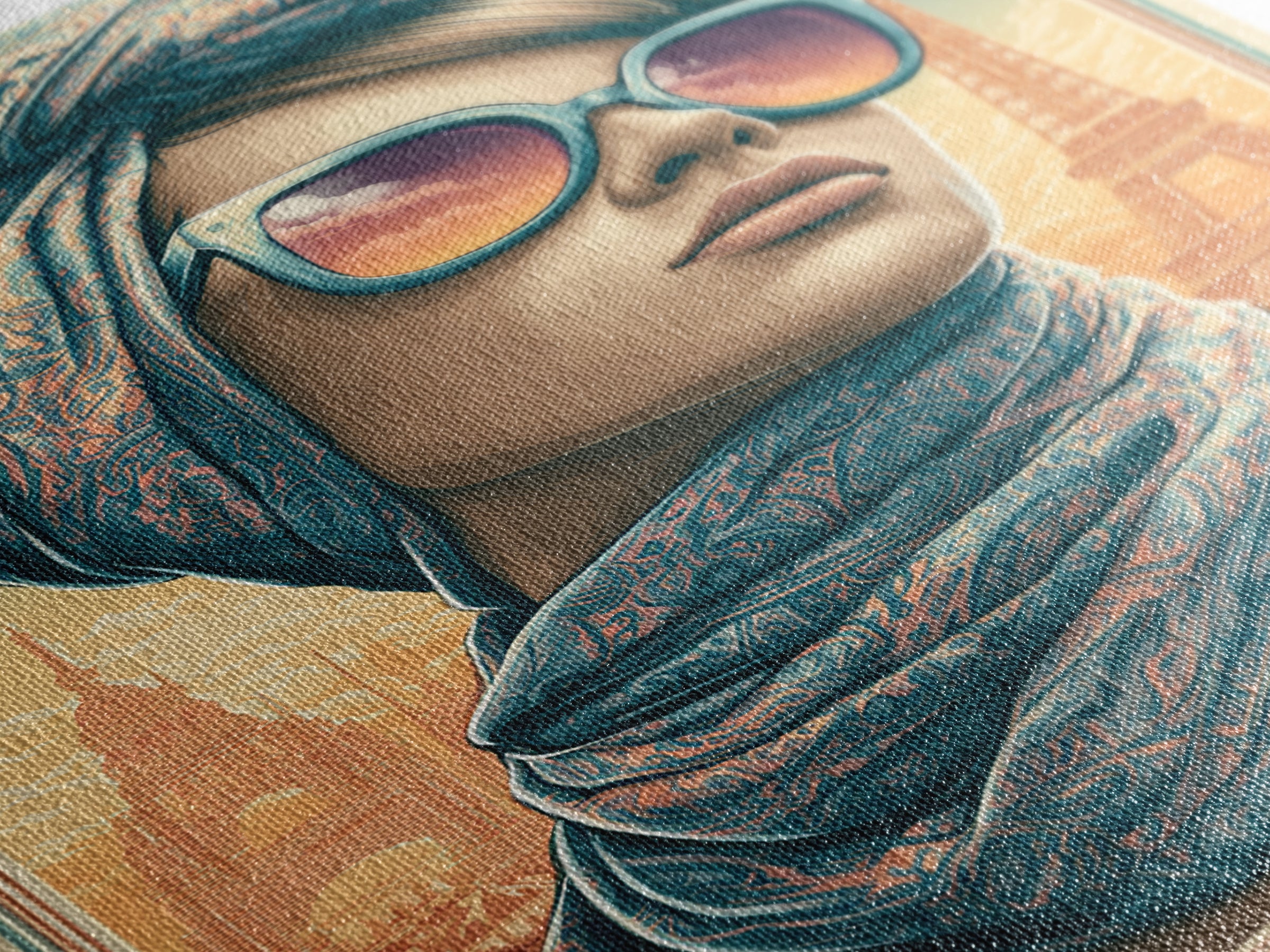 Mod Woman in Sunglasses and Scarf Framed Canvas Print, Retro Art, Printable Wall Art, Living Room Decor, Fine Art, Retro, RET-2x3-88