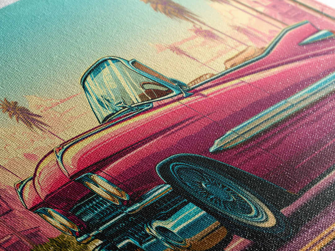 Classic Convertible at Pink Sunset Framed Canvas Print, Retro Art, Digital Prints, Living Room Decor, Fine Art, Retro, RET-3x1-2