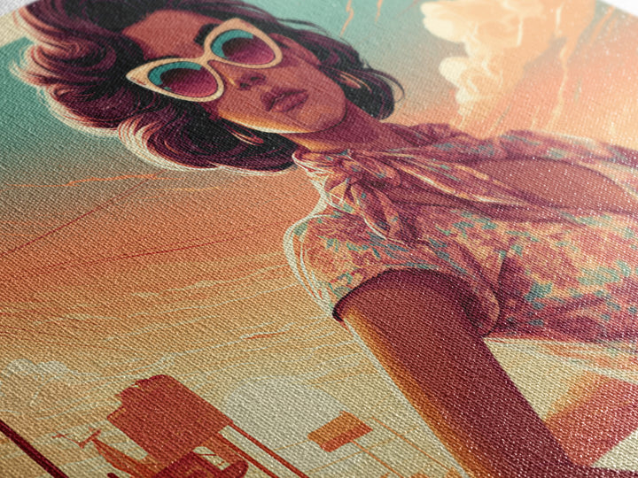 Mod Woman in Sunglasses and Scarf Framed Canvas Print, Retro Art, Floral Wall Art, Living Room Decor, Fine Art, Retro, RET-3x2-60